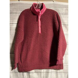 Aerie Womens Sherpa Quarter Zip Pullover Size Small Red Pink Cozy Fleece